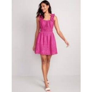 NWT Old Navy Waist Defined Ruffle Mini Dress Pink Eyelet Womens L Barbie Fuchsia